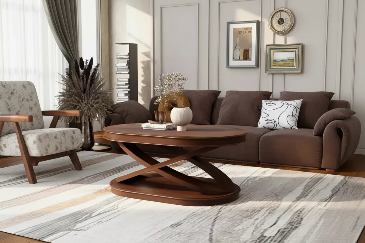 31.5 Modern Oval Coffee Table with X-Shaped Base, Minimalist Wood Veneer Sofa Center Table for Living Room or Home Office-Panipeachy