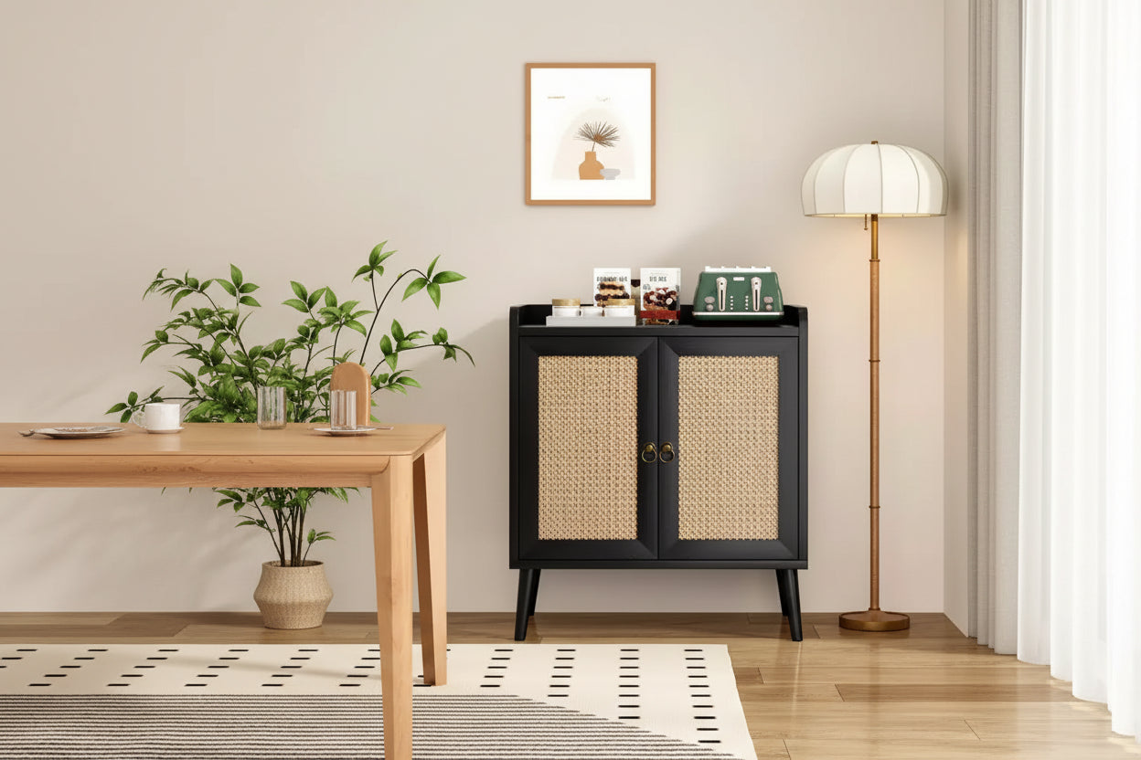 JVNOXK Sideboard Buffet Cabinet with Storage, Bar Liquor Cabinet with Rattan Decorated Doors, Credenza Console Tablefor -Black