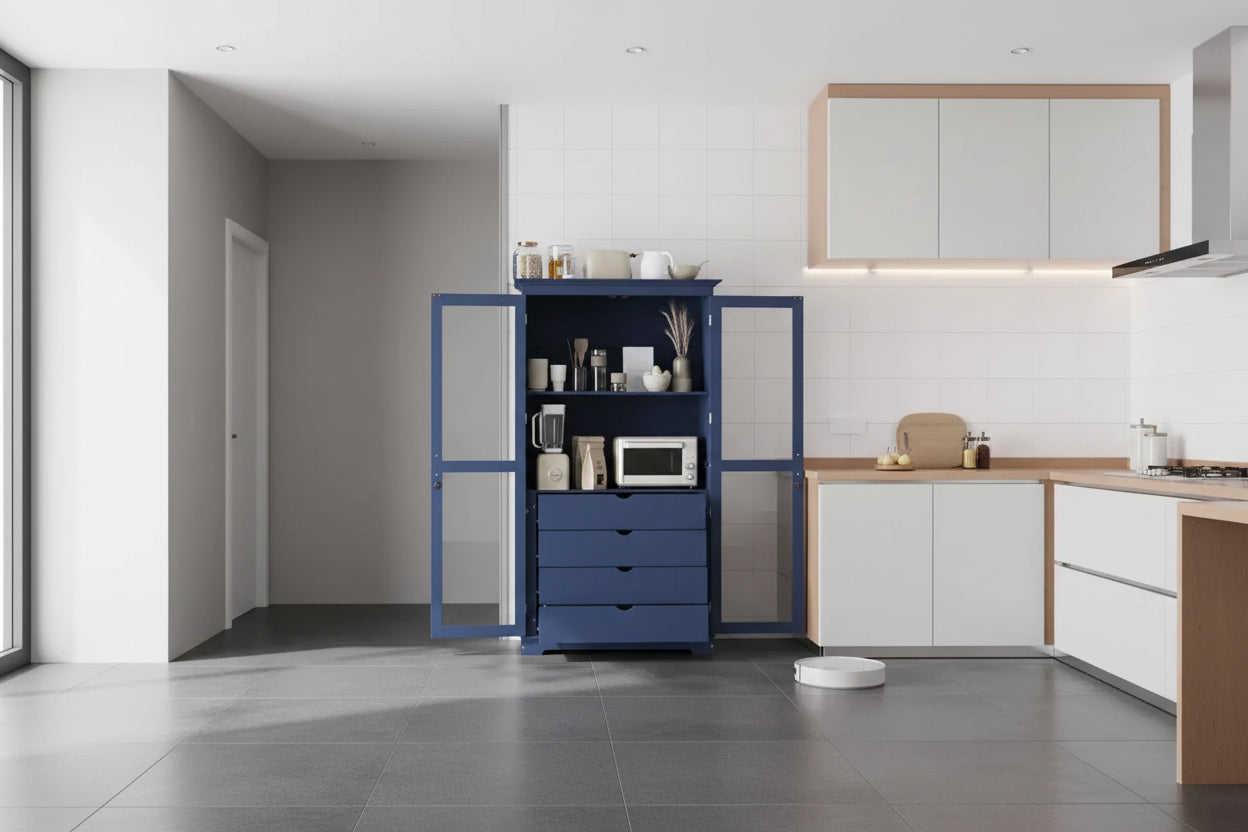 TOPMAX 44.7x20x75inch Kitchen Pantry, Freestanding Kitchen Storage Cabinet Display Cabinet with Glass Doors and 4 Built-in Drawers for Living Room