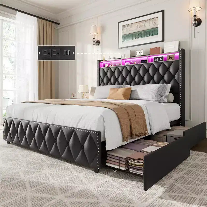 Bed Frame, Platform Velvet Upholstered Bed Frame with 4 Storage Drawers, USB Charging Station, Led Lights, No Box Spring Needed, Easy Assembly