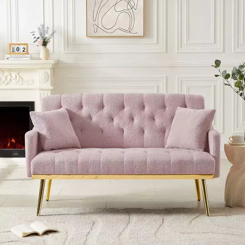 Upholstered Loveseat Couch With 2 Pillows Metal Legs Foam Couch Sleeper Sofa For Guest Room Office Living Room, Pink Teddy Fabric